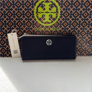 Tory Burch Nylon Small Slim Envelope Wallet Tory Navy Blue Silver